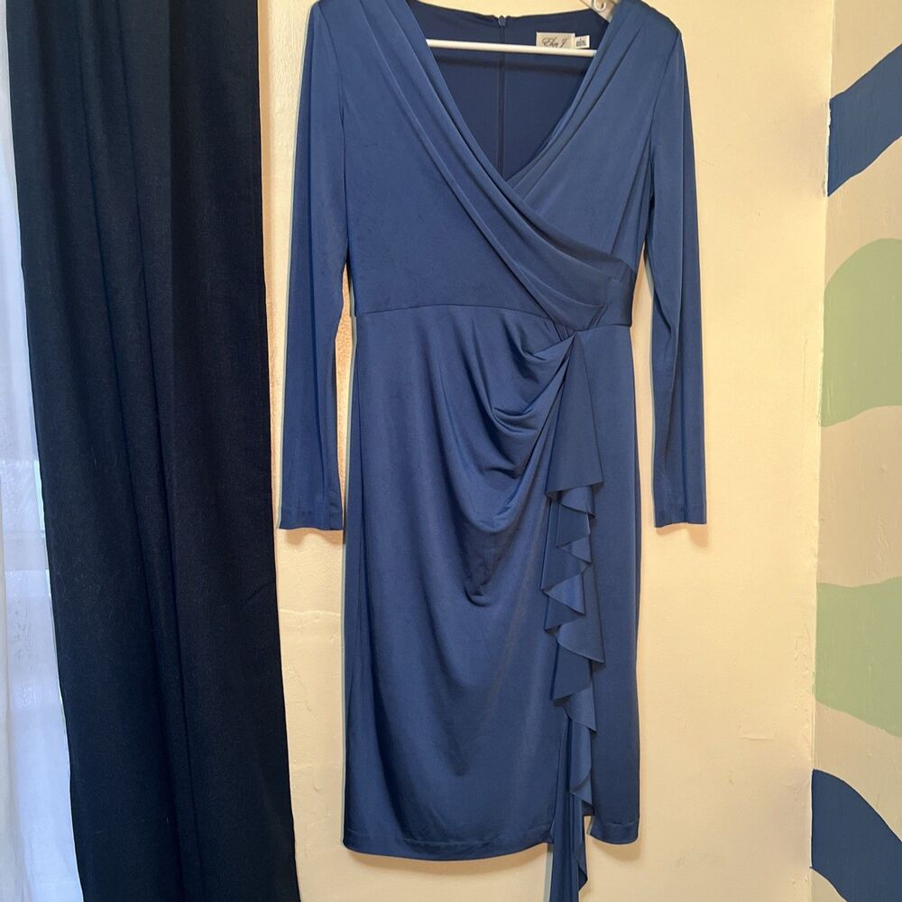 Eliza J Long Sleeve Faux Wrap Knit Dress Blue‎ size 8